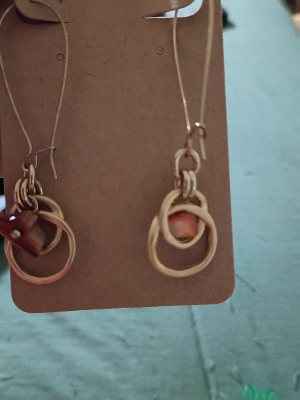 Gold Tone Hoop Drop Earrings with Coral Accent